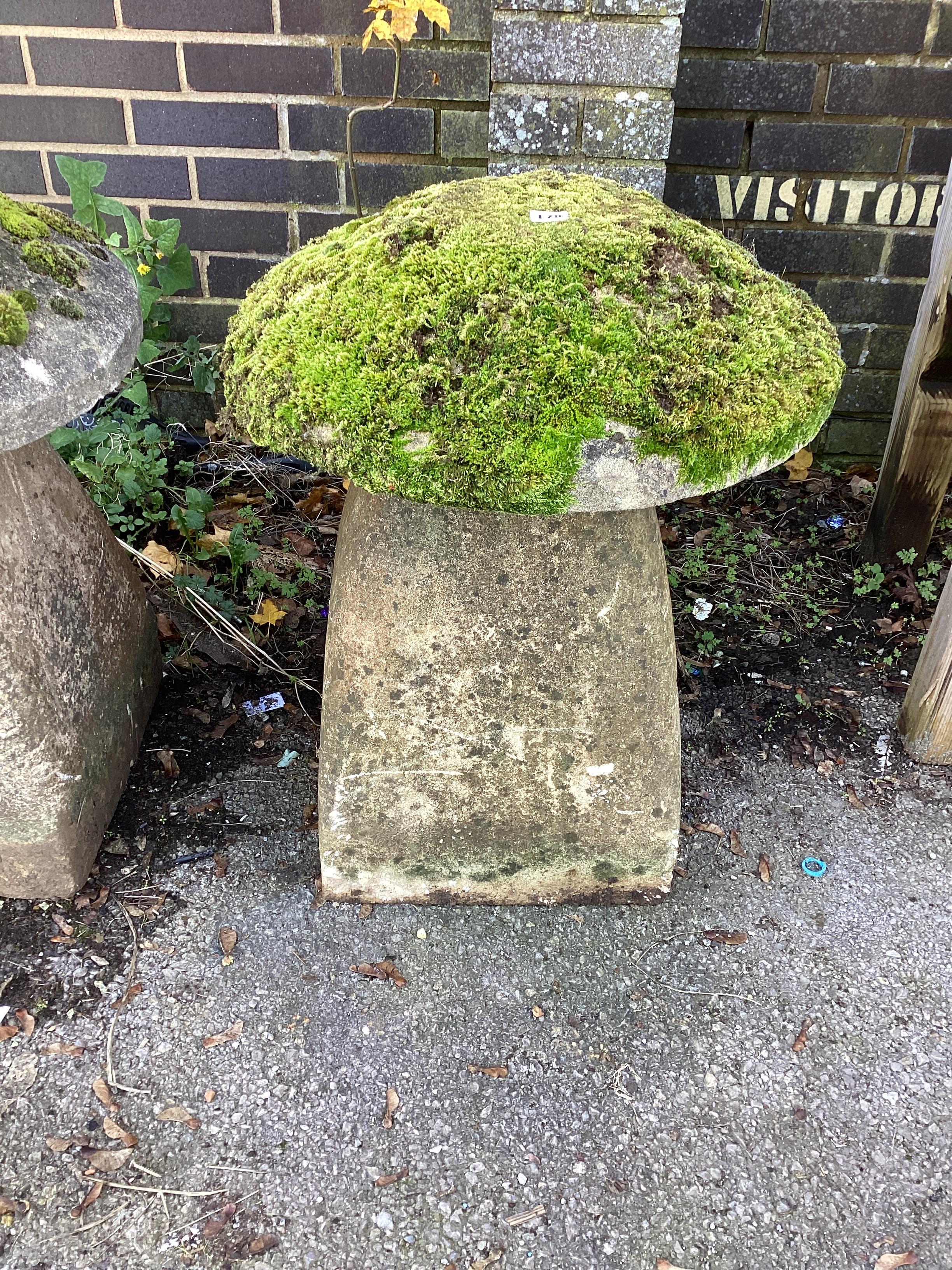 A weathered reconstituted staddle stone, height 68cm